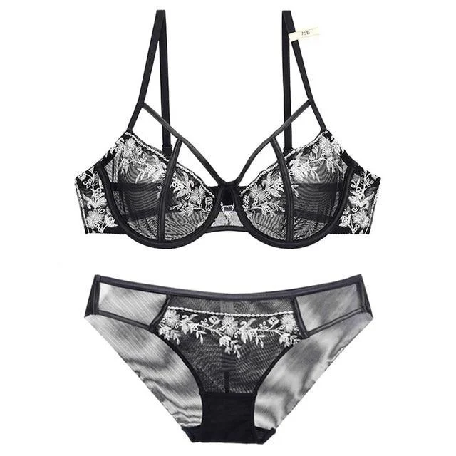 Unique Floral Black Bra Set