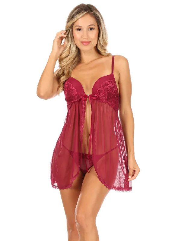 Floraison Floral Lace and Mesh Push-Up Babydoll and G-String