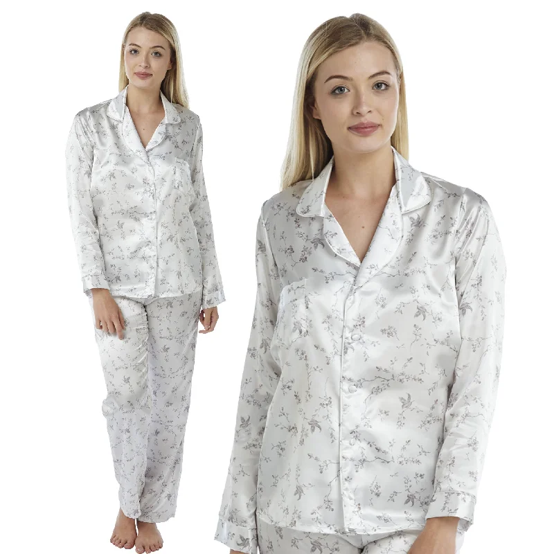 Sexy Satin Ivory Purple Humming Bird Floral Print Pyjamas PJs Set Negligee Lingerie