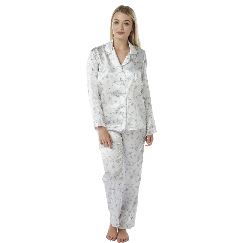 Sexy Satin Ivory Purple Humming Bird Floral Print Pyjamas PJs Set Negligee Lingerie