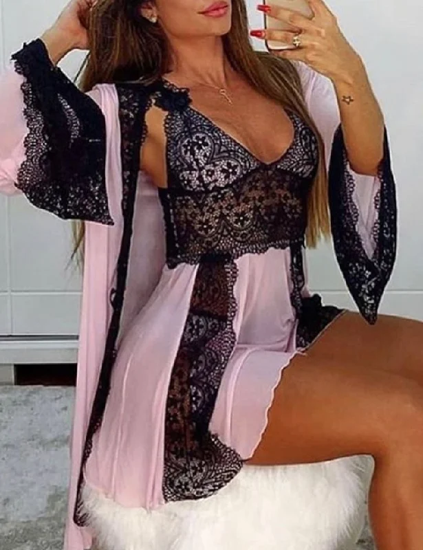 Lace lingerie sets with a floral pattern: backless babydoll + sleeping gown