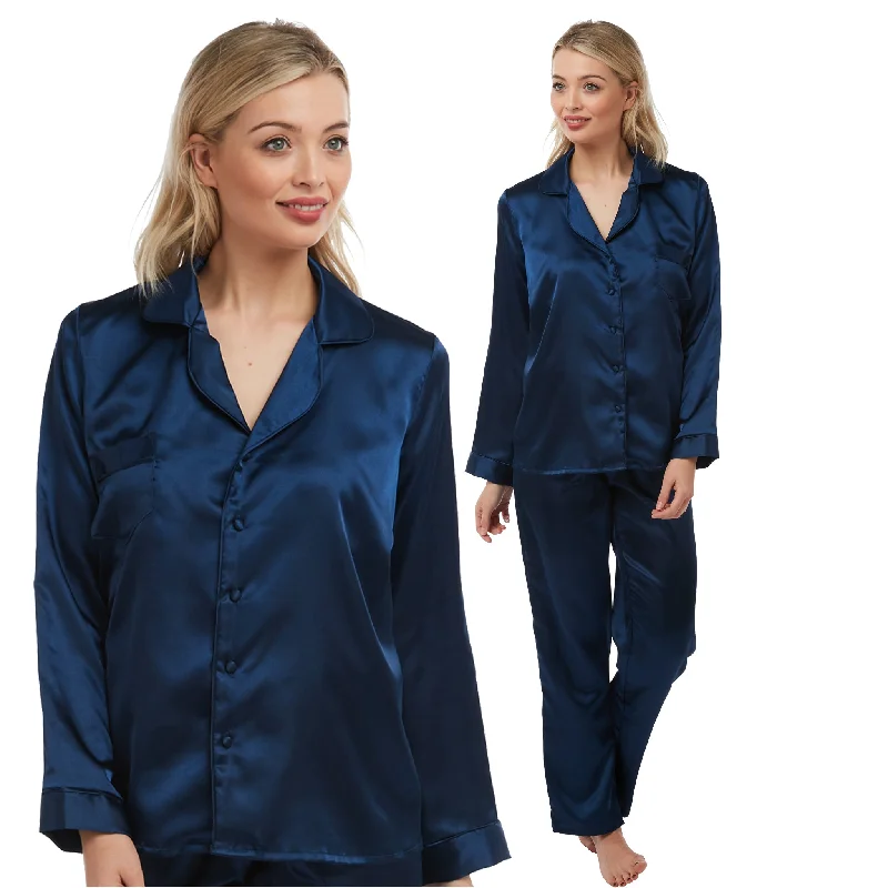 Sexy Satin Plain Navy Blue Warm Lined Pyjamas PJs Set Negligee Lingerie PLUS SIZE