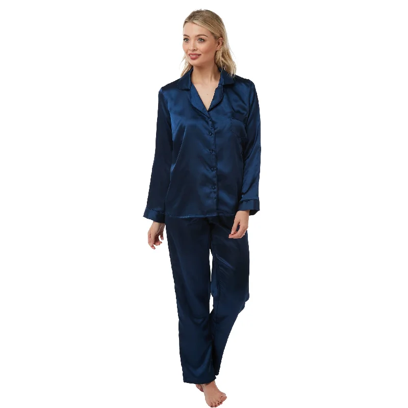 Sexy Satin Plain Navy Blue Warm Lined Pyjamas PJs Set Negligee Lingerie PLUS SIZE