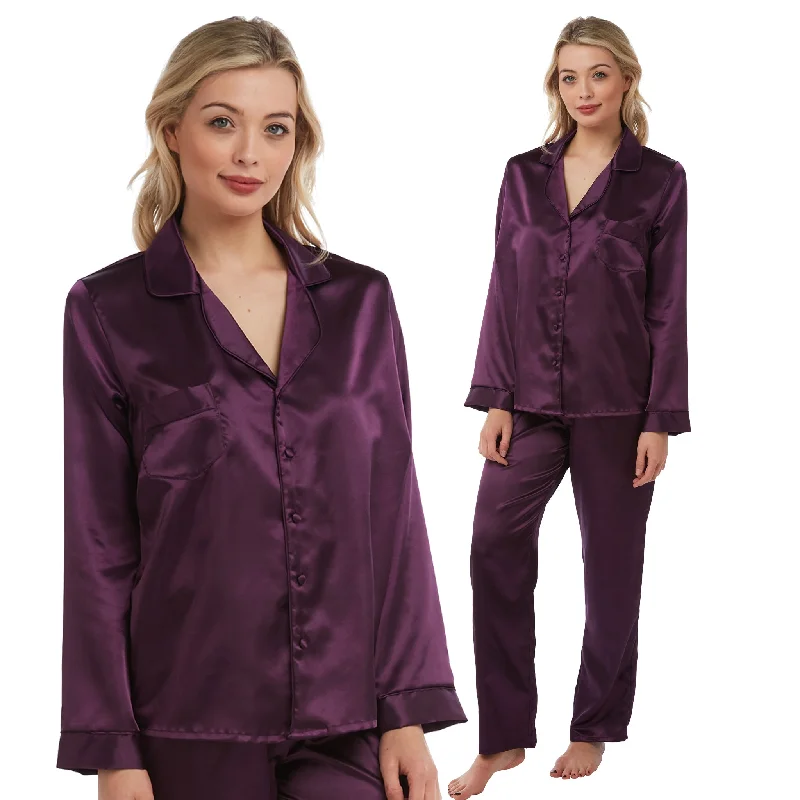 Sexy Satin Plain Purple Warm Lined Pyjamas PJs Set PLUS SIZE