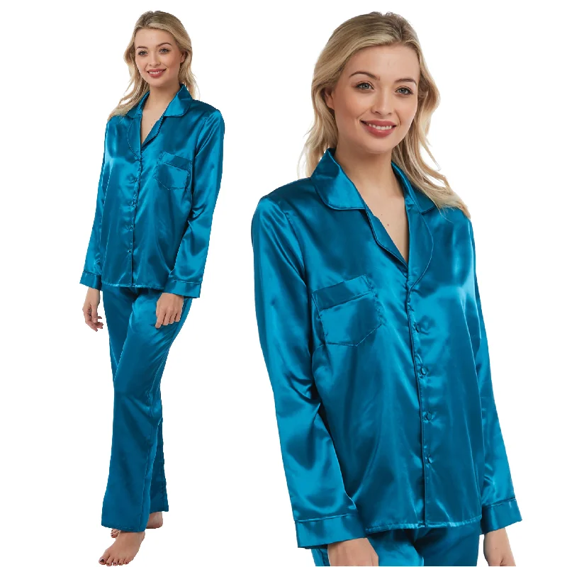 Sexy Satin Teal Blue Warm Lined Pyjamas PJs Set Negligee Lingerie PLUS SIZE