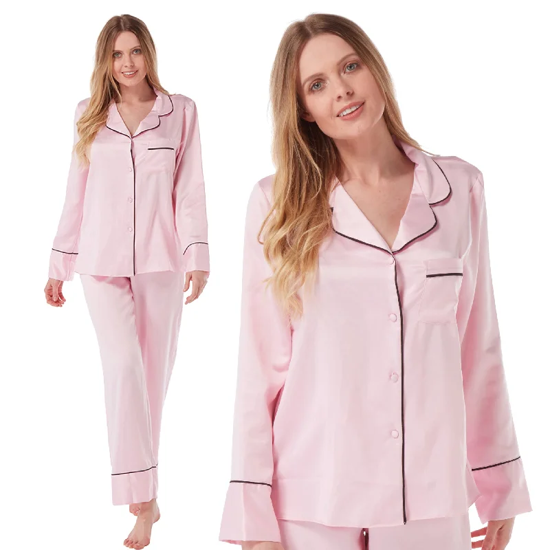 Sexy Satin Light Pastel Pink PJs Pyjamas Set Negligee Lingerie