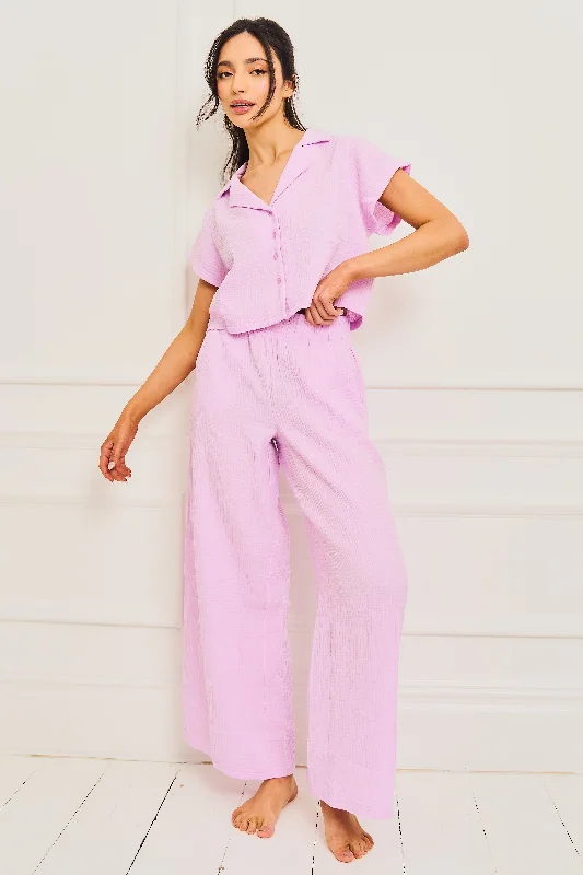 Lilac Long Leg Sear Sucker Button Up Pyjama Set