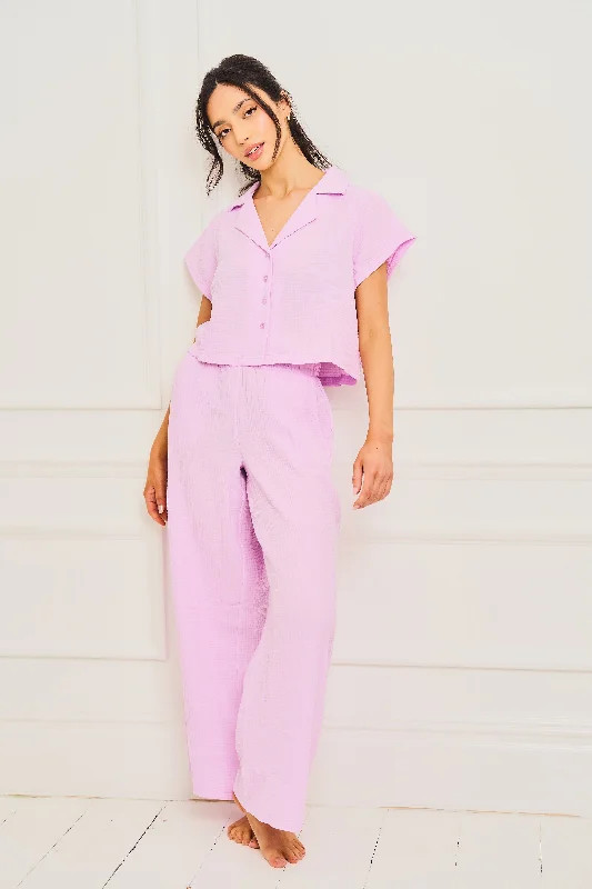 Lilac Long Leg Sear Sucker Button Up Pyjama Set