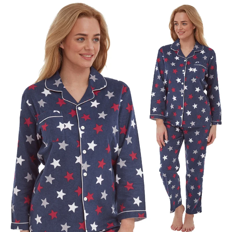 Navy Red Star Pattern Flannelette Wincey PJs Pyjama Set 100% Cotton