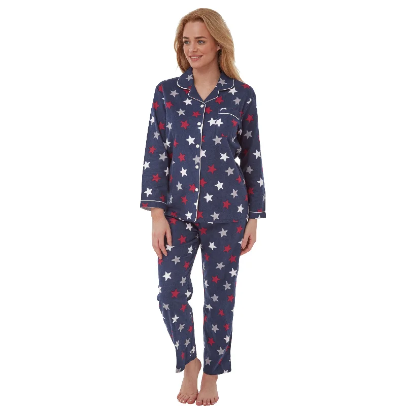 Navy Red Star Pattern Flannelette Wincey PJs Pyjama Set 100% Cotton