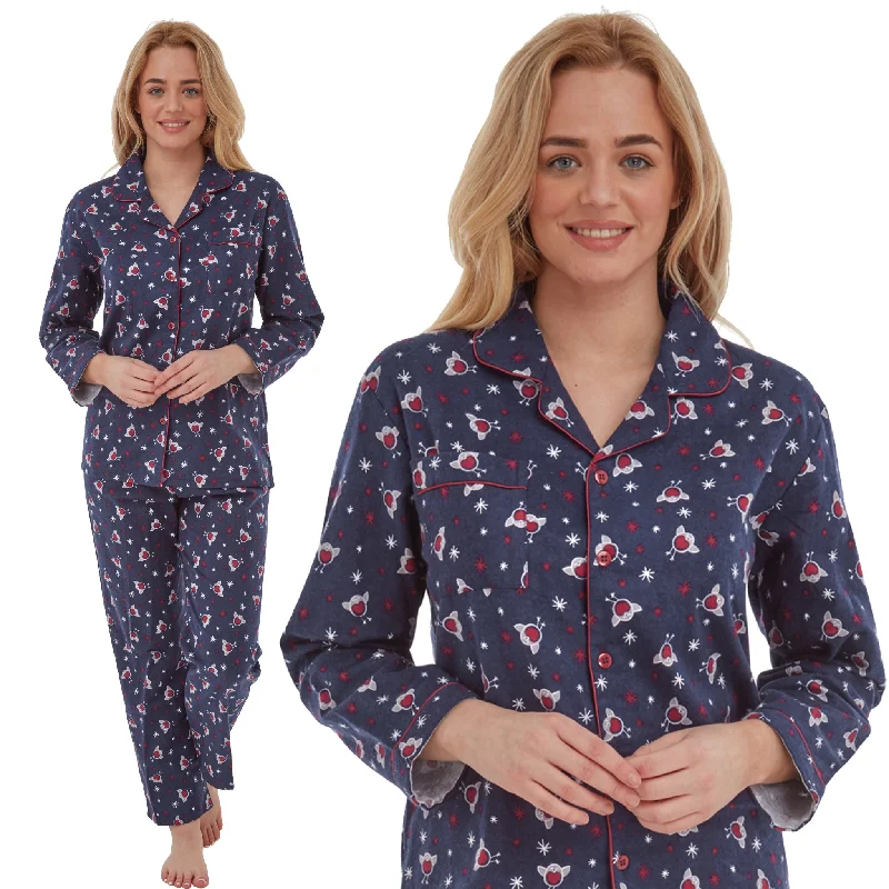 Navy Robin Flannelette Wincey PJs Pyjama Set 100% Cotton