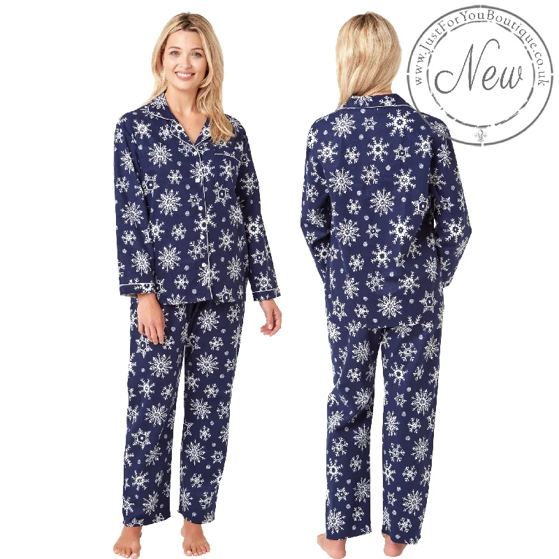 Navy Snowflake Print Flannelette Wincey PJs Pyjama Set 100% Cotton