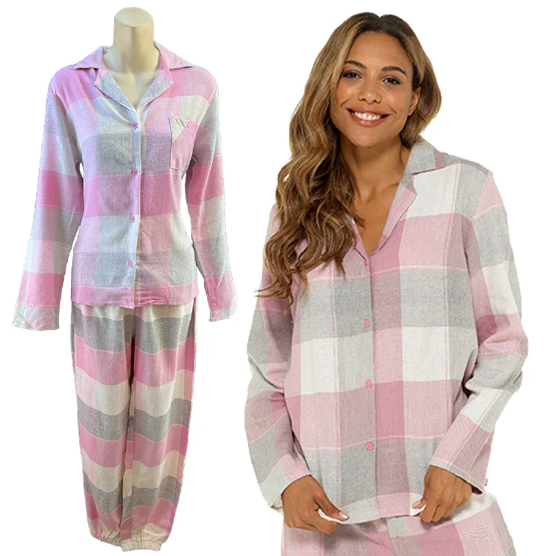 Pink Check Tartan Flannelette Wincey PJs Pyjama Set Cuffed Trousers