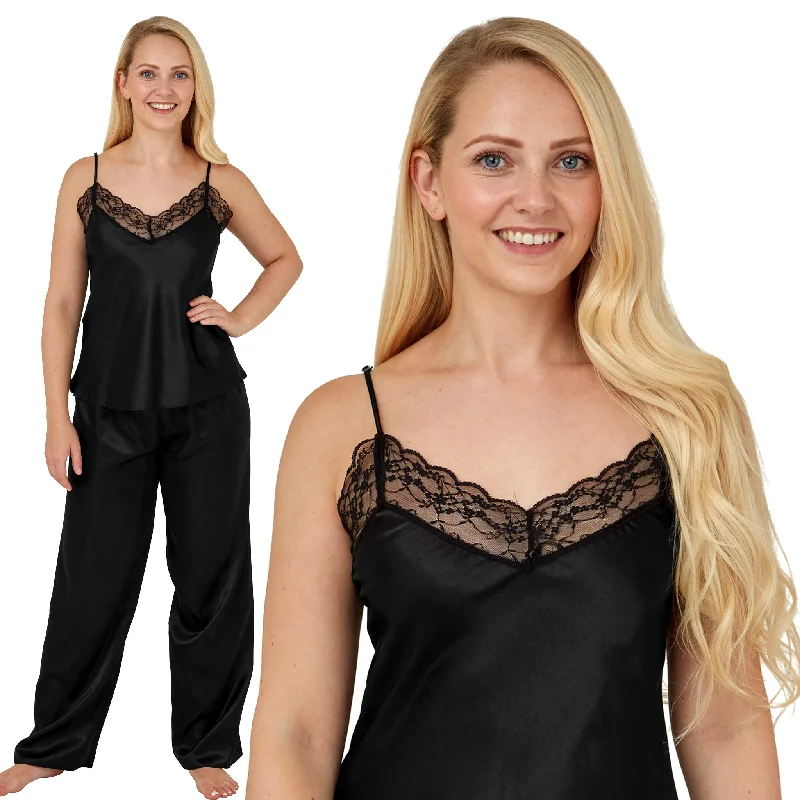 Sexy Satin Lace Plain Black Pyjamas PJs Set Cami Top Negligee Lingerie PLUS SIZE