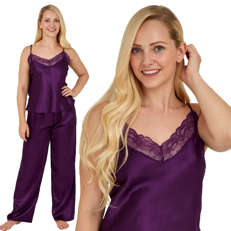 Sexy Satin Plain Purple Pyjamas PJs Set Cami Top Negligee Lingerie PLUS SIZE