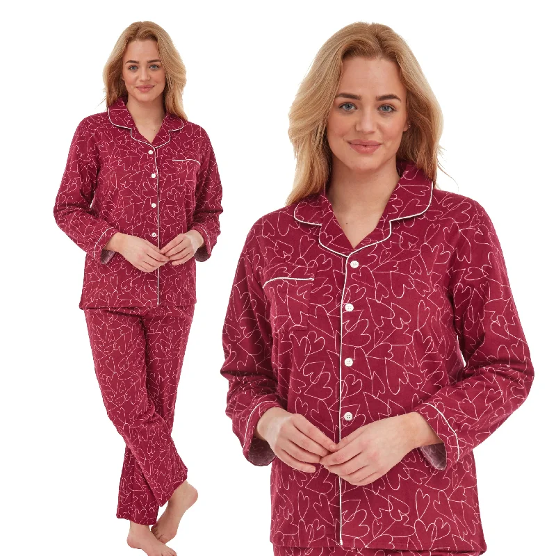 Red Heart Pattern Flannelette Wincey PJs Pyjama Set 100% Cotton