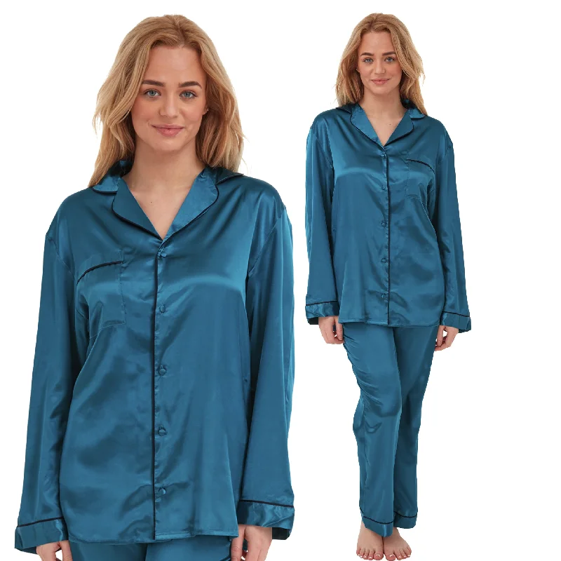 Sexy Satin Plain Teal Blue Pyjamas PJs Set Negligee Lingerie PLUS SIZE