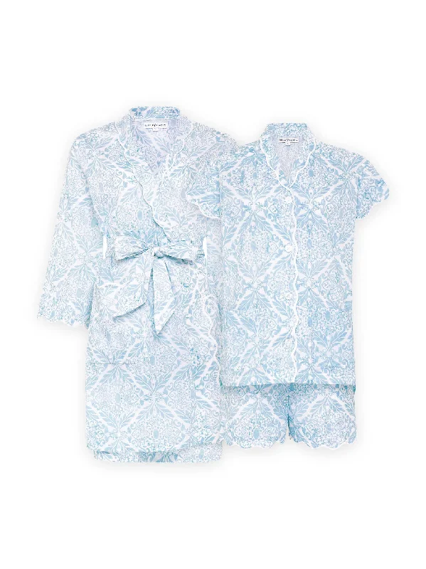 Ice Blue Filigree Bundle: Short Classic Robe + PJ with Shorts