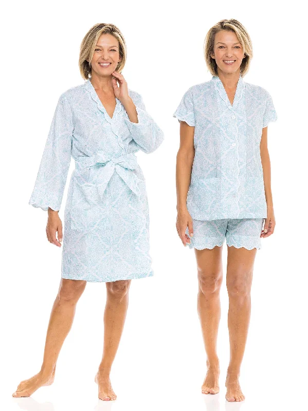 Ice Blue Filigree Bundle: Short Classic Robe + PJ with Shorts