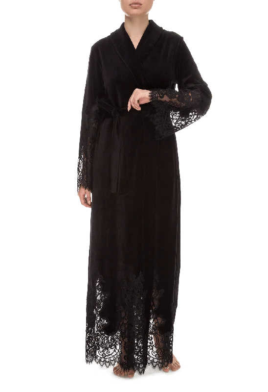 Marielle guipure-trimmed black velour long robe