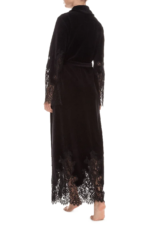 Marielle guipure-trimmed black velour long robe