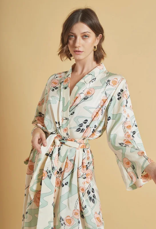 Long Robe - Roses Floral Silk