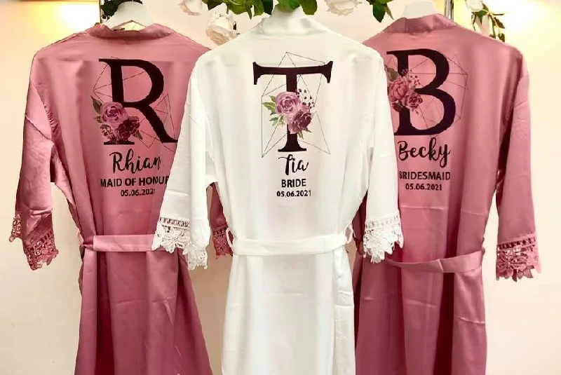 Dusty Rose Bridal Robes, Bridesmaid Gift, Floral Initial Wedding Dressing Gown