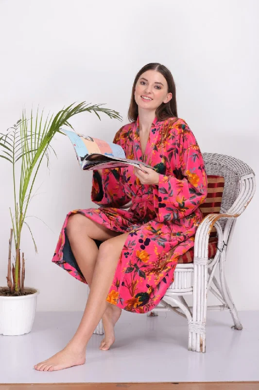 Pink Cotton Velvet Kimono Dressing Gown