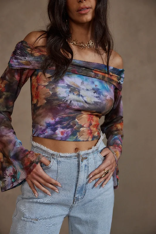 Amelia Floral Abstract Off the Shoulder Long Sleeve Top