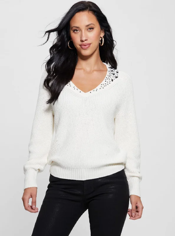 White Davina Long Sleeve Knit Top