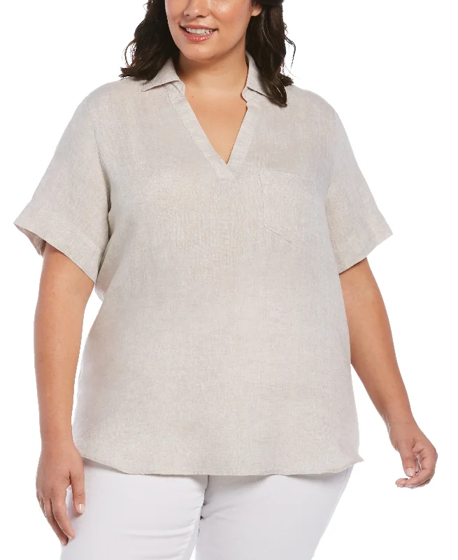 Plus Size Split Neck Linen Top