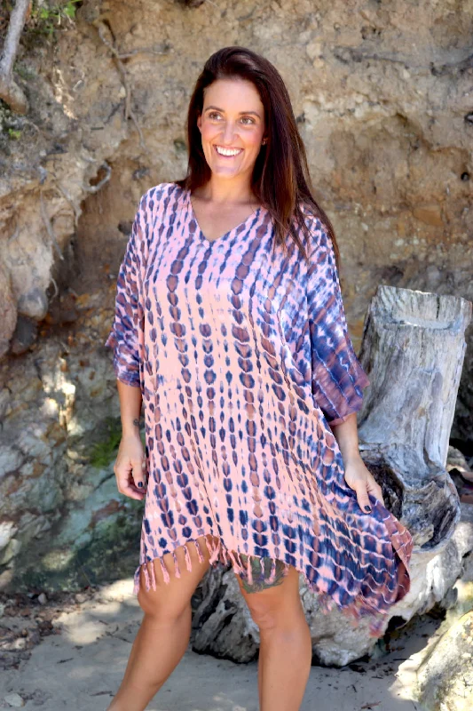 Short Kaftan With Tassels In Apricot Tie Dye