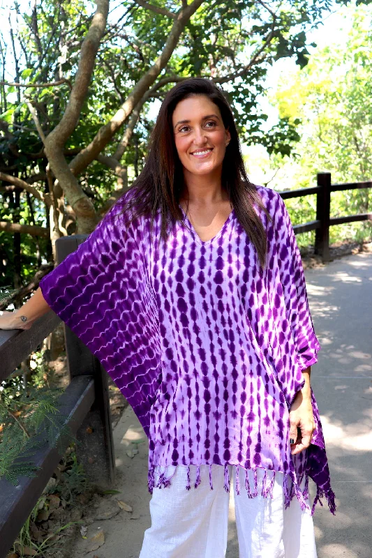 Short Kaftan With Tassels In Lavender Tie Dye