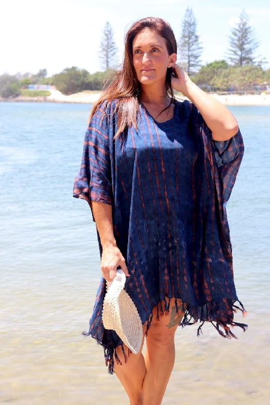 Short Kaftan With Tassels In Midnight Tie Dye