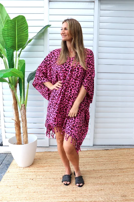 Short Kaftan With Tassels In Pink Leopard