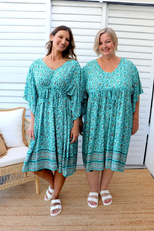 Short Ocean Dress in Cottage Vine Aqua