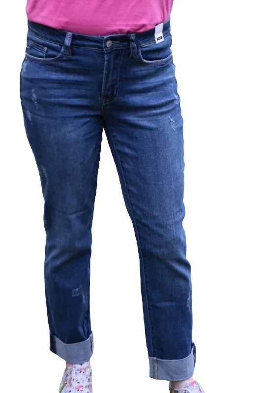 Double Cuffed Long Boyfriend Jean In Dark Blue