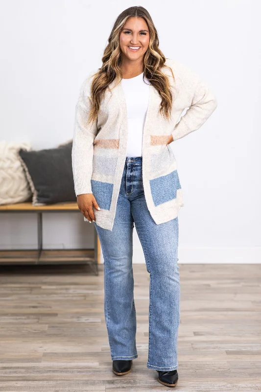 Beige and Dusty Blue Colorblock Cardigan