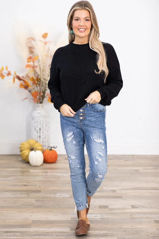 Black Cotton Round Neck Basic Sweater