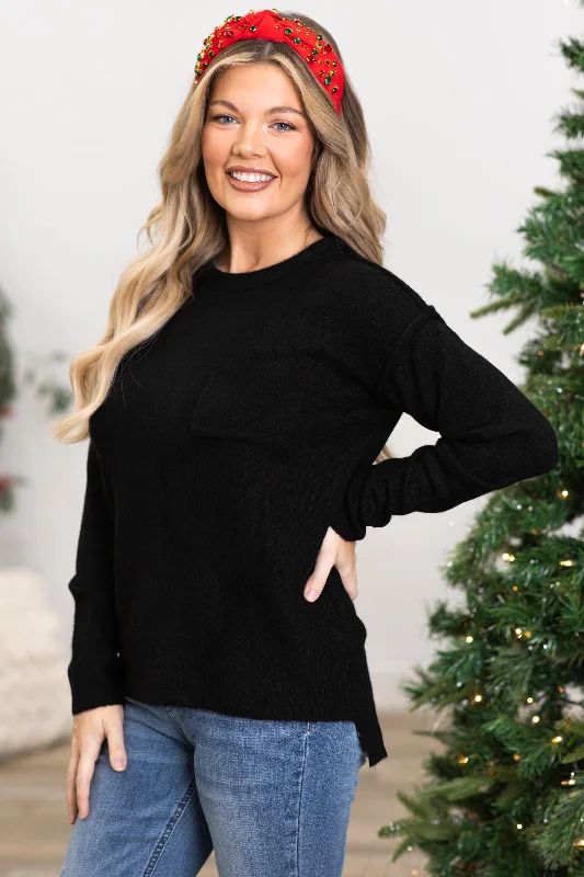 Black Melange Sweater With Pocket Detail