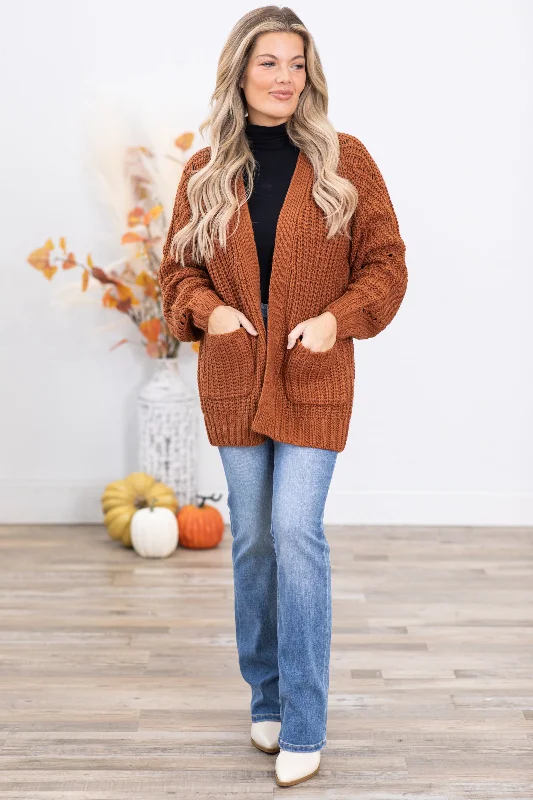 Cognac Chunky Knit Cardigan With Pockets