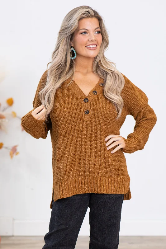 Copper Waffle Knit Sweater With Buttons