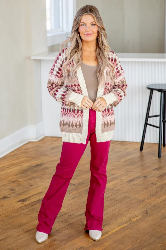 Cream and Berry Aztec Print Cardigan