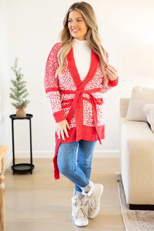 Crimson Marled Mid Length Cardigan With Belt