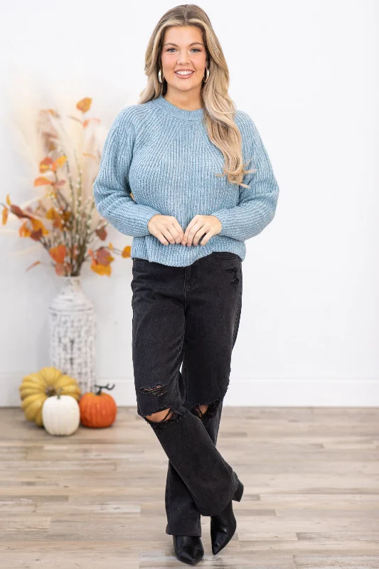 Dusty Blue Ribbed Round Neck Sweater