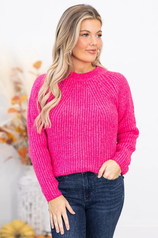 Hot Pink Ribbed Round Neck Sweater