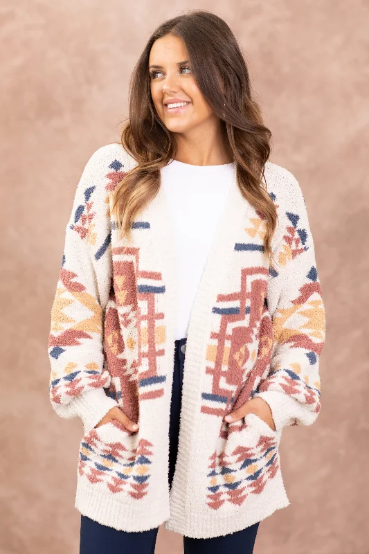 Ivory and Terra Cotta Aztec Print Cardigan