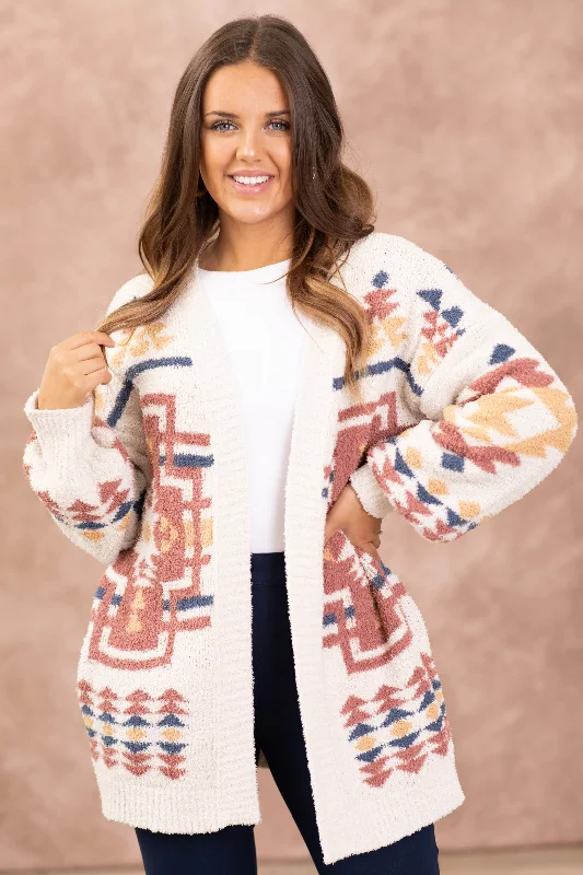 Ivory and Terra Cotta Aztec Print Cardigan