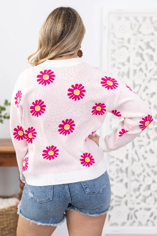 Ivory With Fuchsia Flower Pattern Cardigan