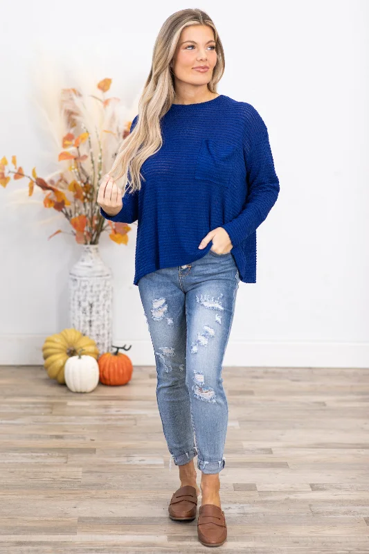 Navy Waffle Knit Sweater With Pocket